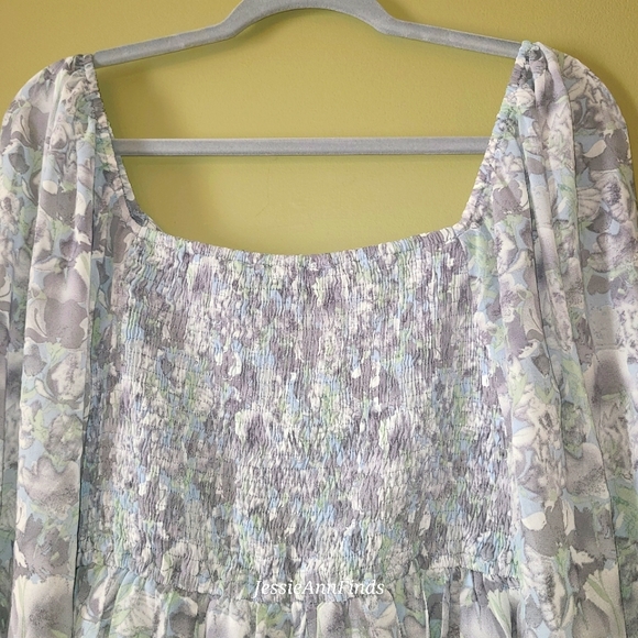 NWT Mittoshop Blue Gray Floral Princess Neckline Boho Midi Dress Size Large - Picture 4 of 15